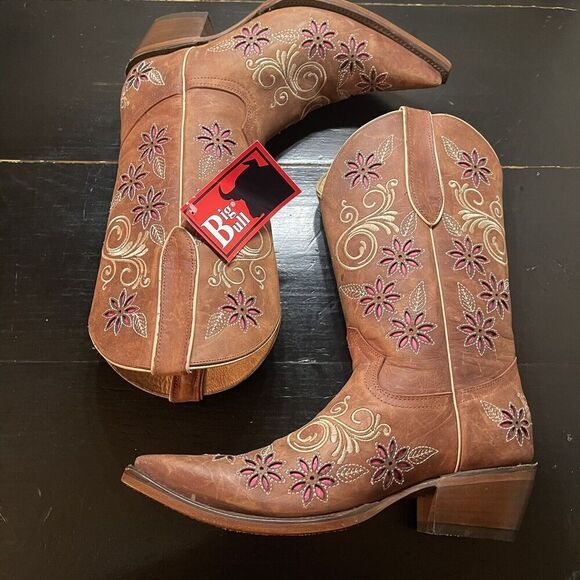 Womens Big Bull Brown Leather Floral Embroidered Cowboy Boot Made In Mex 24 US 7 - Picture 3 of 16